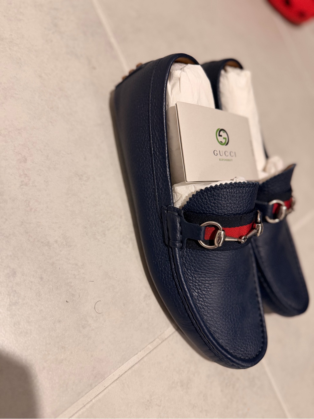 Gucci Navy Leather Horsebit Loafers With Red-Blue Web